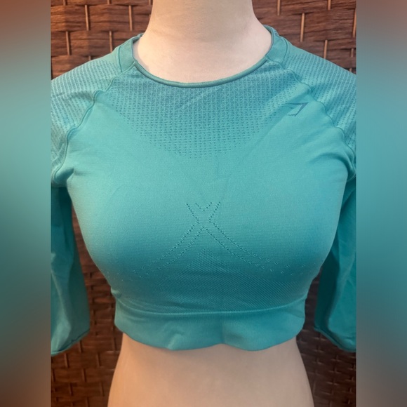 Gymshark Workout Seamless Crop Top Quarter Sleeve Teal Active Exercise Large - Picture 9 of 12